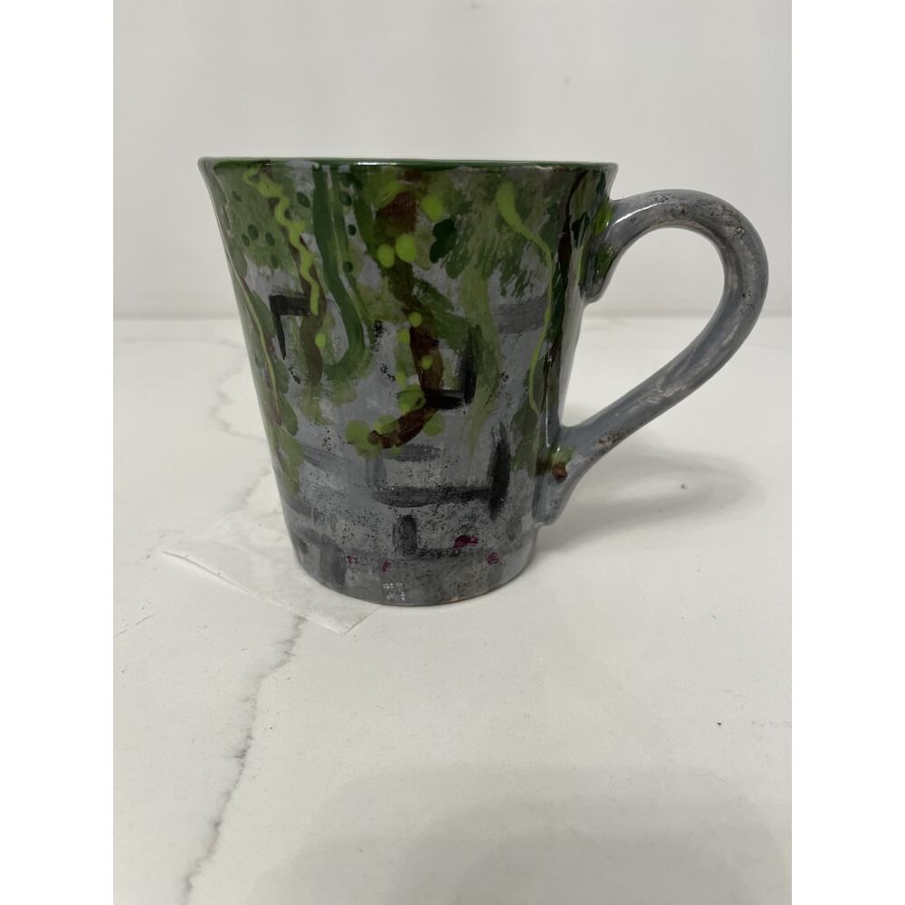 Mug Studio Art Hand thrown Green/Gray Painted, Glazed 16 oz.